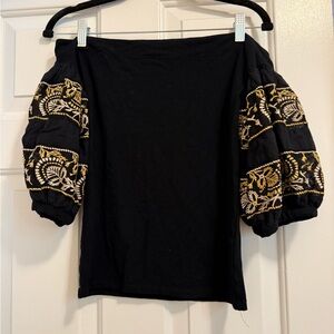 Free People Black Off the Shoulder Top with  Embroidered Sleeves